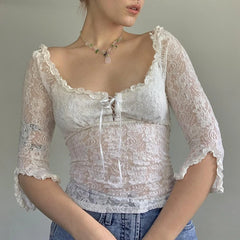 Realmefit   Fairy Coquette Floral Lace T-shirt Low Cut Front Tie Up White Tees Chic Women Vintage Y2K Milkmaid Crop Tops Clothes