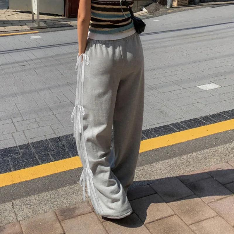 REALMEFIT  -  Side Stripe Lace Bow Sweatpants Gray Drawstring Wide Leg Pants Fashion Casual Loose Sports Trousers Women P84-DG38