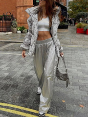 Realmefit  PU Silver Women Pants Autumn Winter High Waist Casual Loose Wide Leg Pant Femme Party Club Fashion Streetwear Woman