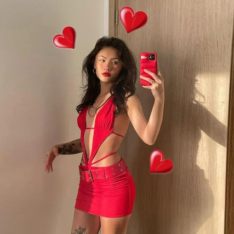 REALMEFIT  -  Red PU Leather Halter Mini Dresses Sexy Lace Up Cut-out Backless Belted Y2k Summer Dress Woman Rave Outfit C96-DC23