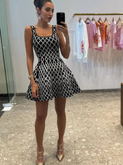 Realmefit  Sexy Plaid Square Neck A-line Knitted Mini Dress Women Chic Backless Sleeveless Short Dresses Lady Summer Evening Party Vestidos