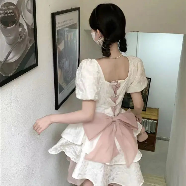 Realmefit  White Tunic Slim Bow Sweet Mini Dress Elegant Puff Sleeve Square Collar Princess Dresses Summer Vestidos for Women