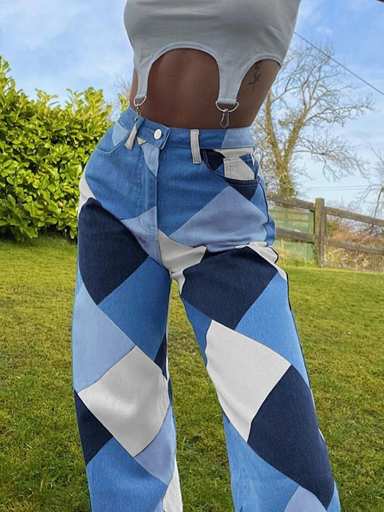 Realmefit  Argyle Plaid Casual Straight Pants Women High Waist Jeans Y2K Harajuku Aesthetic Trousers Checkered Streetwear  New