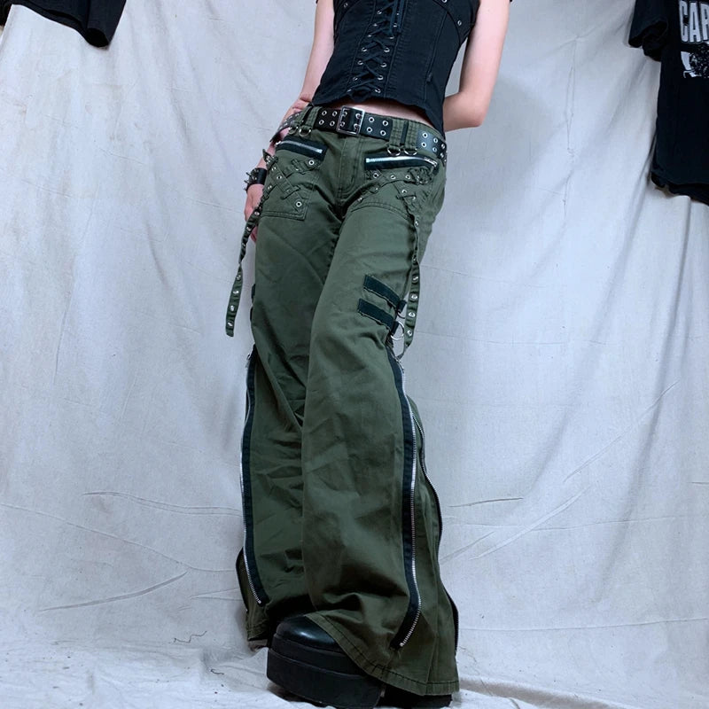 Realmefit   Women Autumn Cargo Pants Punk Baggy Vintage Kawaii Trousers Low-Waist Zipper Fly Casual Pants Grunge Sweatpants Green