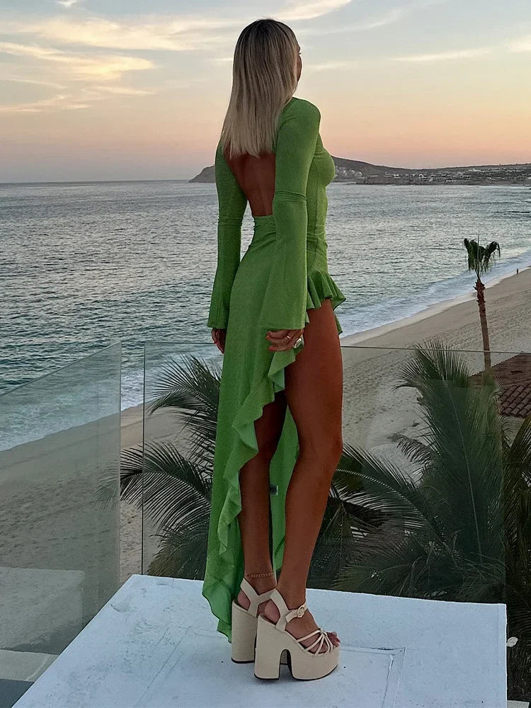 Realmefit  Sexy Shiny Irregular Ruffle Hem Backless Dress Women Chic O-neck Green Long Sleeves Slim Dresses 2024 Sexy Beach Vacation Robes