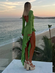 Realmefit  Sexy Shiny Irregular Ruffle Hem Backless Dress Women Chic O-neck Green Long Sleeves Slim Dresses 2024 Sexy Beach Vacation Robes