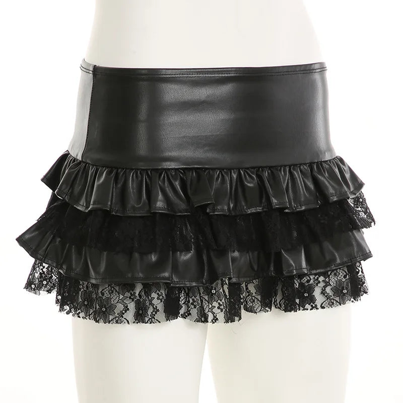 REALMEFIT  -  Lace Spliced Faux Leather Skirt Women Gothic Punk Black Low Waist Ruffle Mini Skirts Y2k Emo Clothes P84-BI20