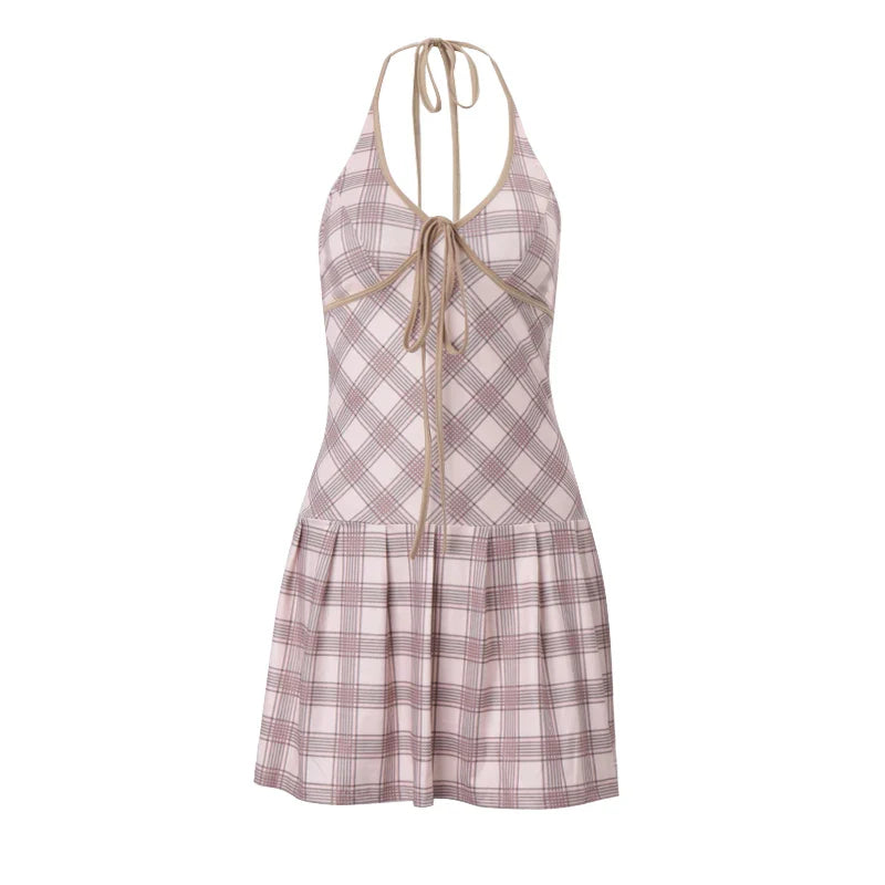 OKLULU  -  Retro plaid Halter Dress Summer New Drawstring V-Neck Sleeveless Hotsweet Mini Dresses High Street Fashion Vestidos