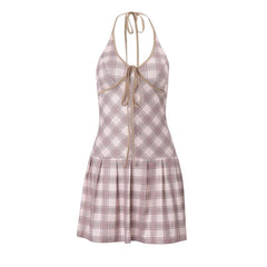 OKLULU  -  Retro plaid Halter Dress Summer New Drawstring V-Neck Sleeveless Hotsweet Mini Dresses High Street Fashion Vestidos