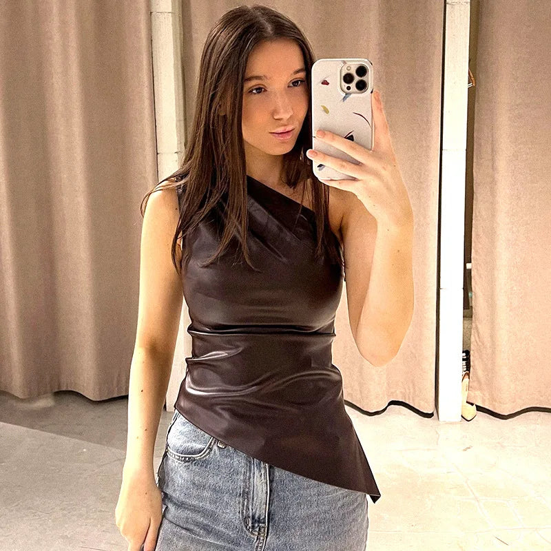 REALMEFIT  -  Fashion PU Leather Sleeveless T Shirts Side Zipper One Shoulder Asymmetrical Tank Tops Women Clothing Fall 2024