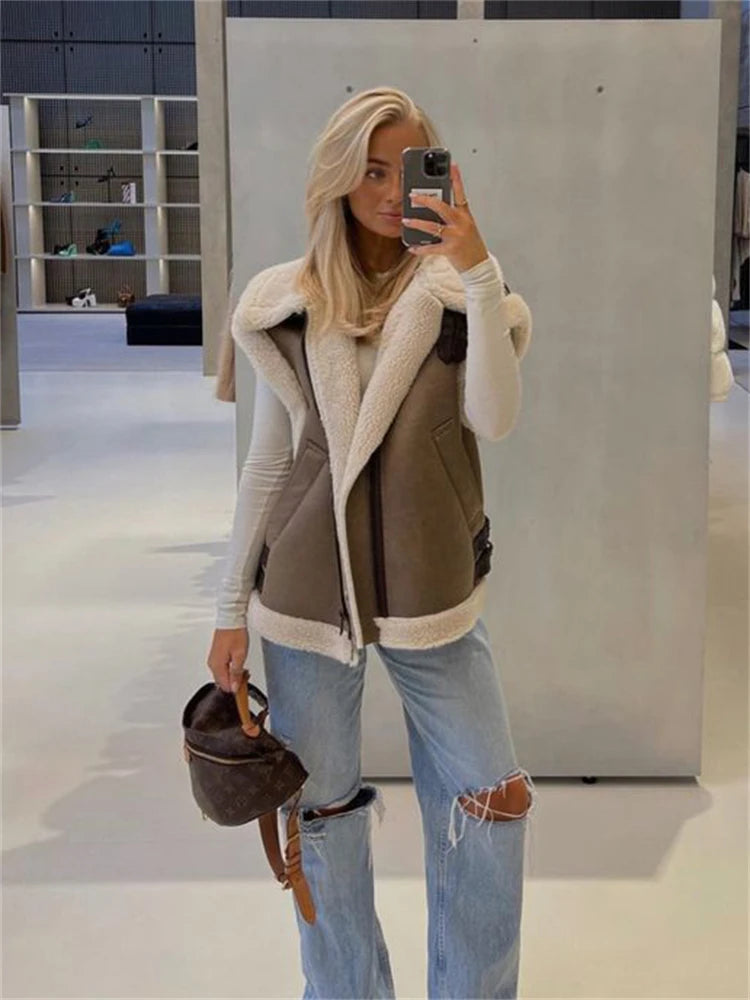 Realmefit Suede Leather Thick Fleece Jacket Autumn Winter Women Splice Sleeveless Faux Shearling Jackets Vest Y2K Cardigans Coats