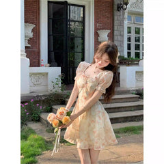 REALMEFIT  -  Fruitful Fashion Dress to Impress Summer Sweet Floral Chiffon Dress Vintage Fairy Square Collar Puff Sleeve Dress Sundress Princess Mini Holiday Dress Vestido