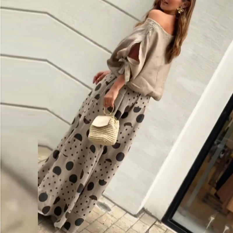 REALMEFIT  -  Casual Diagonal Neck Hollow Top with Wide Leg Pants Sets Summer Loose Polka Dot Printed Women Suit Fashion High Street Outfits