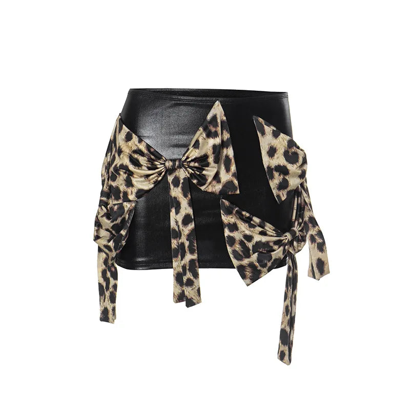 REALMEFIT  -  Leopard Print Bows Faux Leather Skirt Sexy Clothes for Women High Waisted Mini Skirts