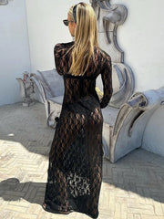 Realmefit   See-through Mesh Tight Maxi Dress Sexy Hollow Out Lace Mesh Patchwork Women Fashion Full Sleeve Banquent Long Dress