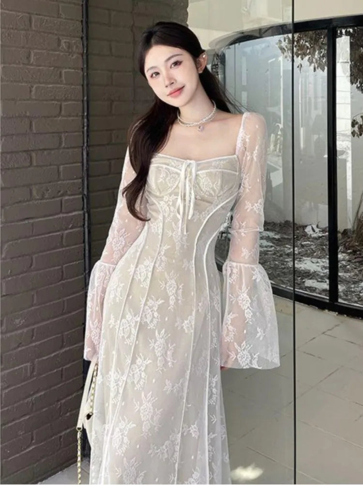 Realmefit  Spring France Elegant Mesh Dresses Women's Long Sleeve Lace Up Evening Party Club Vestido Summer Vintage Robe Mujer