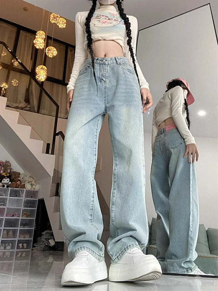 Realmefit   Vintage Straight Leg Jeans for Women Y2k Streetwear Light Blue High Waist Denim Pants Ladies Wide Leg Jeans Casual