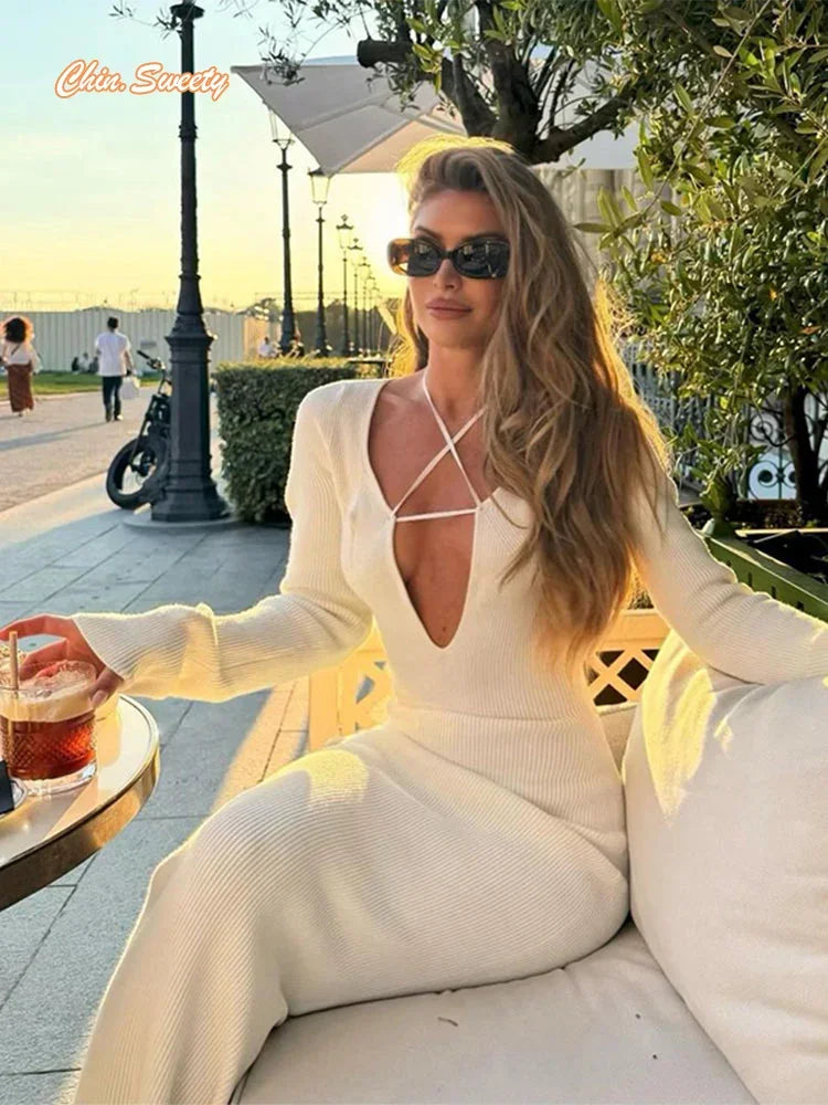 Realmefit  Sexy Knitted Deep V-neck Cross Halter Maxi Dress Women Elegant Long Sleeve Slim Long Dresses New Female Body High Street Robes