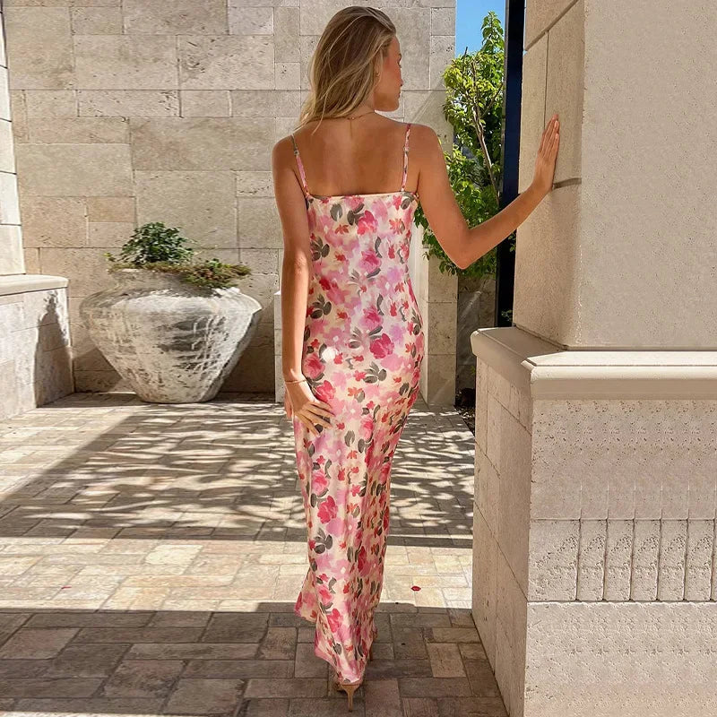 REALMEFIT  -  Pink Floral Printed Backless Long Dress 2024 Summer Vacation Outfits Elegant Dresses for Women Wedding Party C70-BF29