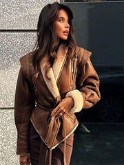 REALMEFIT  -  Vintage PU Leather Women Patchwork Jackets With Belt Chic Lapel Long Sleeve Drawstring Tie Female Coat 2024 Thick Street Outwear