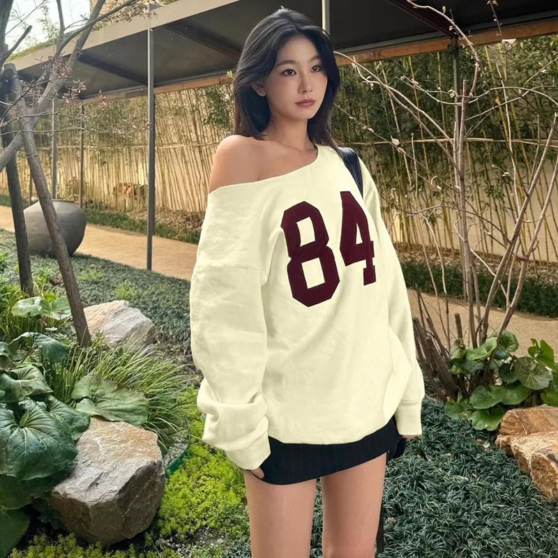 REALMEFIT  -  Y2k Graphic Baggy Hoodies One Shoulder Long Sleeve Tees Casual Loose Pullovers Women Clothing Fall Winter 2024 P70CC40