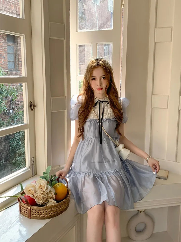 Realmefit   Summer Sweet Elegant Dress Women Puff Sleeve Kawaii Lolita Mini Dress Female Fairy Even Party One Piece Dress Korean Chic