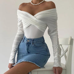 REALMEFIT  -  Sexy White Shirring Bodysuits For Women Fashion All-match Slash Neck Skinny Rompers Club One Piece Body Top Hot Outfits