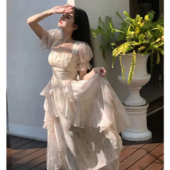 REALMEFIT  -  Fruitful Fashion Dress to Impress Retro Floral Print Dress Women Chic Square Collar Princess Style Midi Dress Female Puff Sleeve Korea Elegant Fairy Dress Vestido