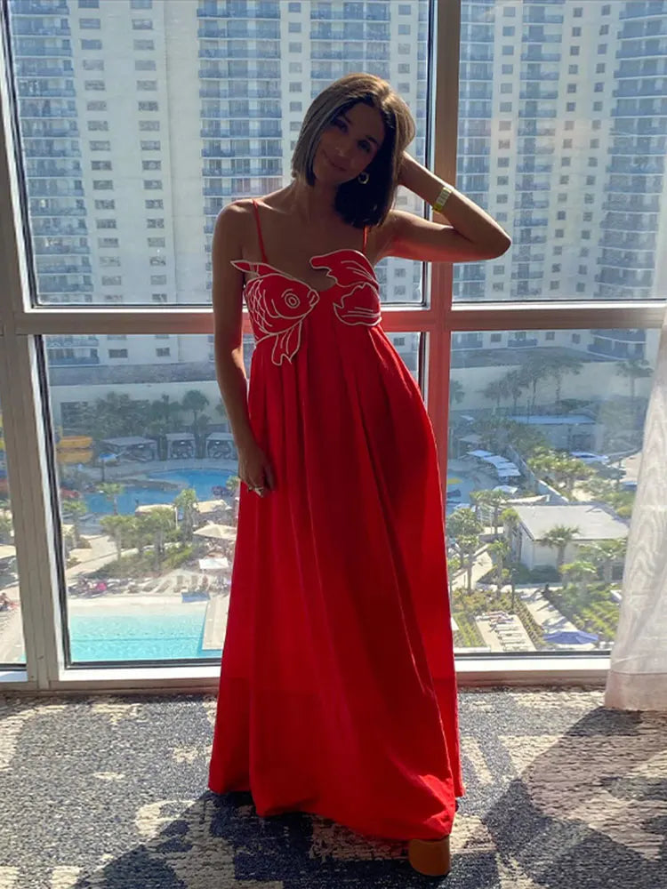 Realmefit  Summer Chic Red Fish Top Party Maxi Dress For Women Sexy Sling High Waist Ceremony Robe 2024 Holiday Lady Street Vestidos