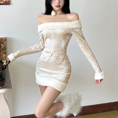 REALMEFIT  -  2 Piece Set Fluffy Faux Fur Mini Skirt Off Shoulder Zip Up Jacket Sexy Club Wear Outfits Women Winter Clothes P94-FA35