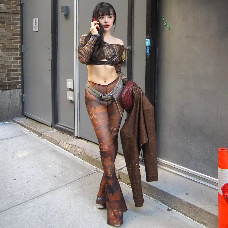 REALMEFIT  -  Brown Printed Flare Pants Y2k Streetwear Vintage Low Rise Pants Korean Fashion Womans Clothing P85-BI22