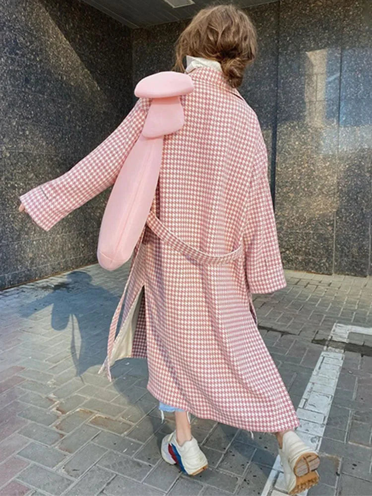 Realmefit  Houndstooth Trench Coat For Women Autumn Fashion Slim Long Coats Women's Winter Street Temperament Clothes Woman New