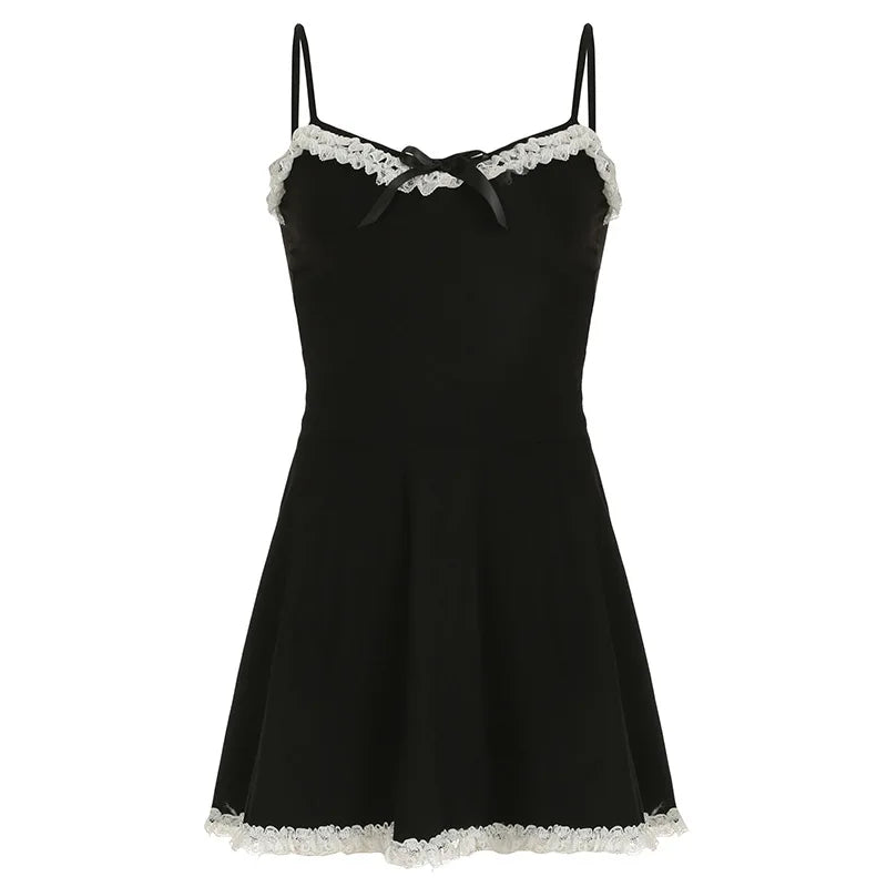 REALMEFIT  -  Bow Lace Trim Spaghetti Strap A-line Mini Dress Sexy Clothes Woman Emo Y2k Summer Black Dresses P77-BI16