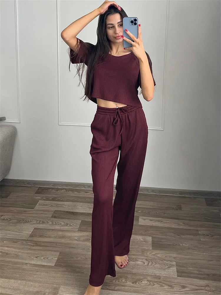 Realmefit  2 Piece-Set Ladies Straight Legg High Waist Drawstring Fashion Crop top And Women Pants Sets Nightwear Female Knit Outfits