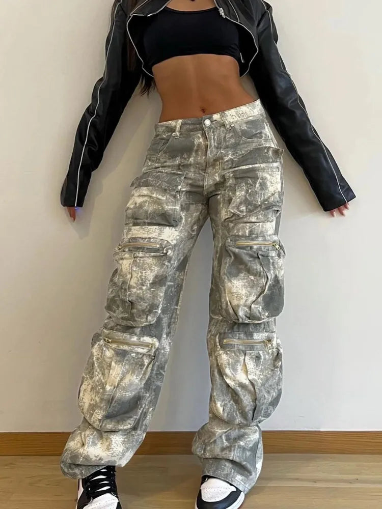 Realmefit  Camouflage Cargo Pants Women Fashion Multiple Pockets Loose Long Pant Femme Street High Waist Jeans Woman Trousers Autumn