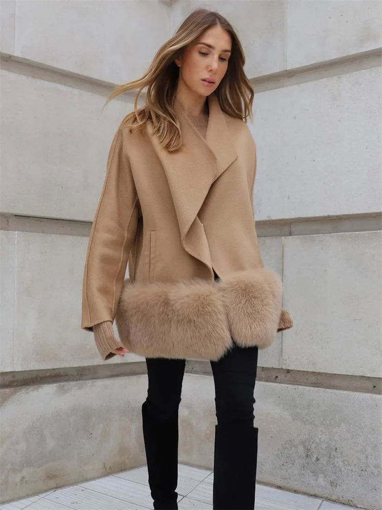 Realmefit   Female Wool Blends Outwear Patchwork Loose Autumn Fashion Luxury Lapel Elegant High Street Clothes For Women Coat Overcoat