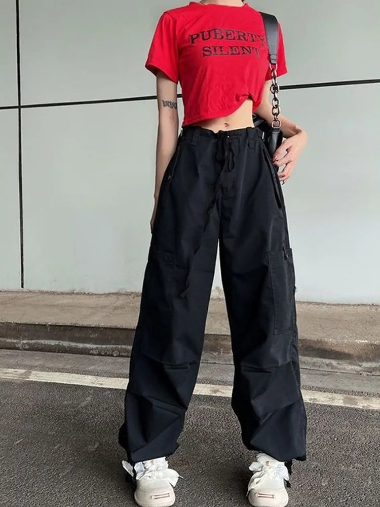 Realmefit   Hip Hop Retro Green Cargo Pants Women Y2K Harajuku Oversize Wide Leg Black Parachute Trousers Female Vintage Streetwear