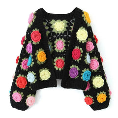 Realmefit Knitted Cardigan Women Autumn Hollow Out Splice Flower Short Sweater Vest Women's Street Fashion Vitage Sweater Woman New