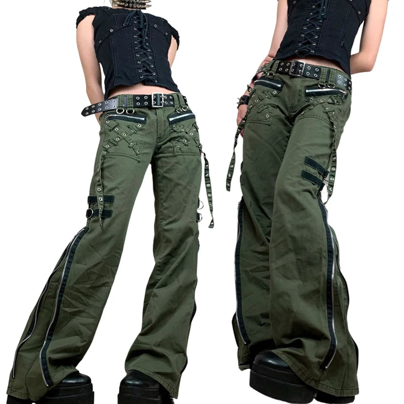 Realmefit   Women Autumn Cargo Pants Punk Baggy Vintage Kawaii Trousers Low-Waist Zipper Fly Casual Pants Grunge Sweatpants Green