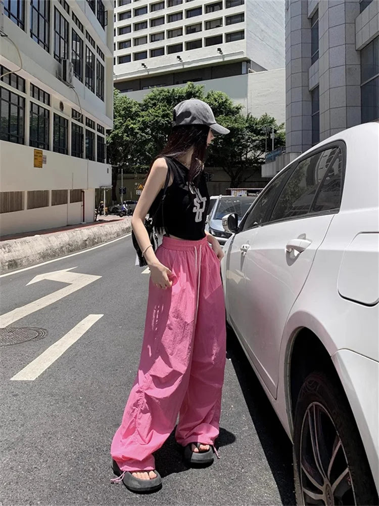 Realmefit  Y2K Pink Parachute Pants Women Oversized Korean Style Hip Hop Track Trousers Quick Dry Drawstring Wide Leg Sweatpants