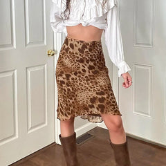 REALMEFIT  -   Women Mesh Leopard Skirts American Style Retro Knee-length Skirts Autumn Casual Skirt Fashion Sexy Elegant Lady Bottoms