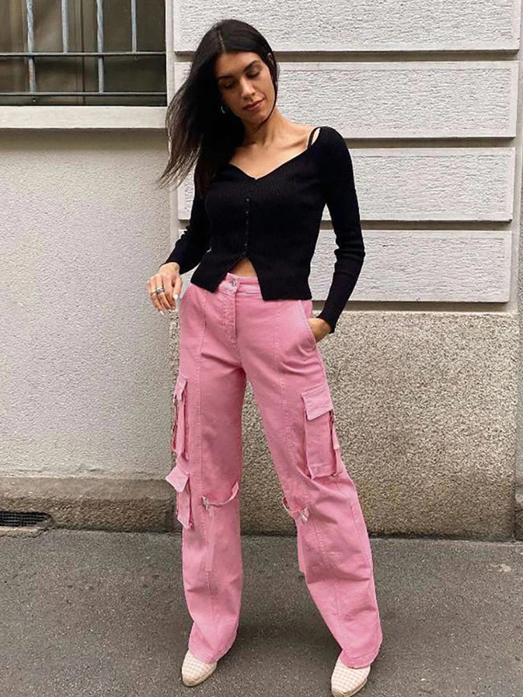 Realmefit  Pink High Street Jeans Women Autumn Ribbons High Waisted Straight Long Pants Hot Casual Pencil Pants Denim Trousers Y2K