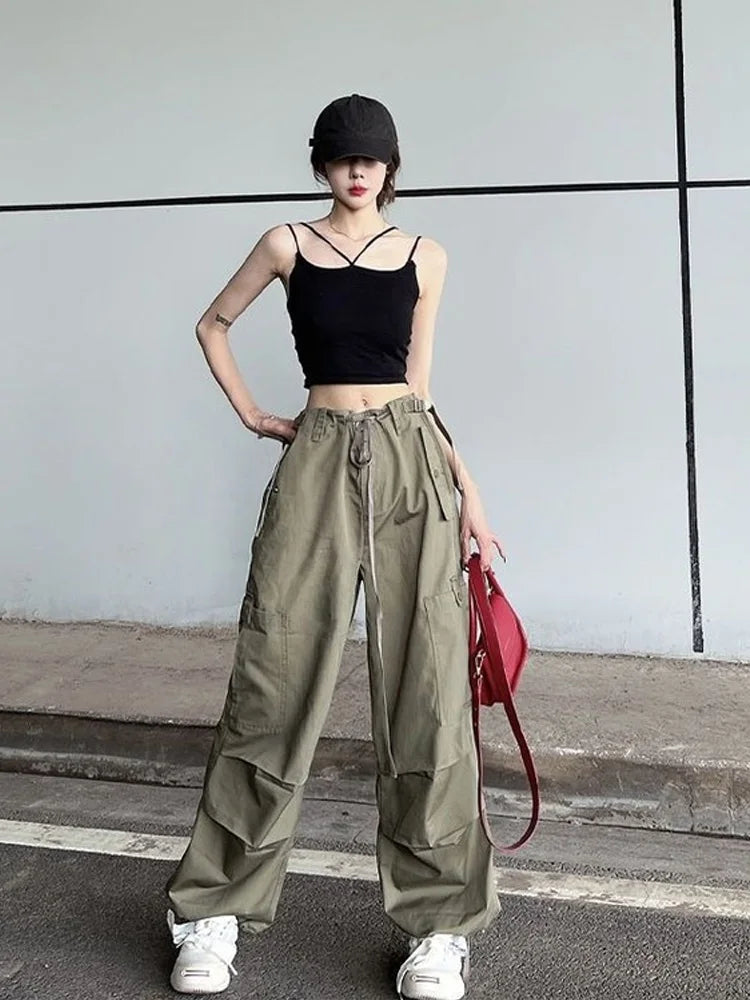 Realmefit   Hip Hop Retro Green Cargo Pants Women Y2K Harajuku Oversize Wide Leg Black Parachute Trousers Female Vintage Streetwear