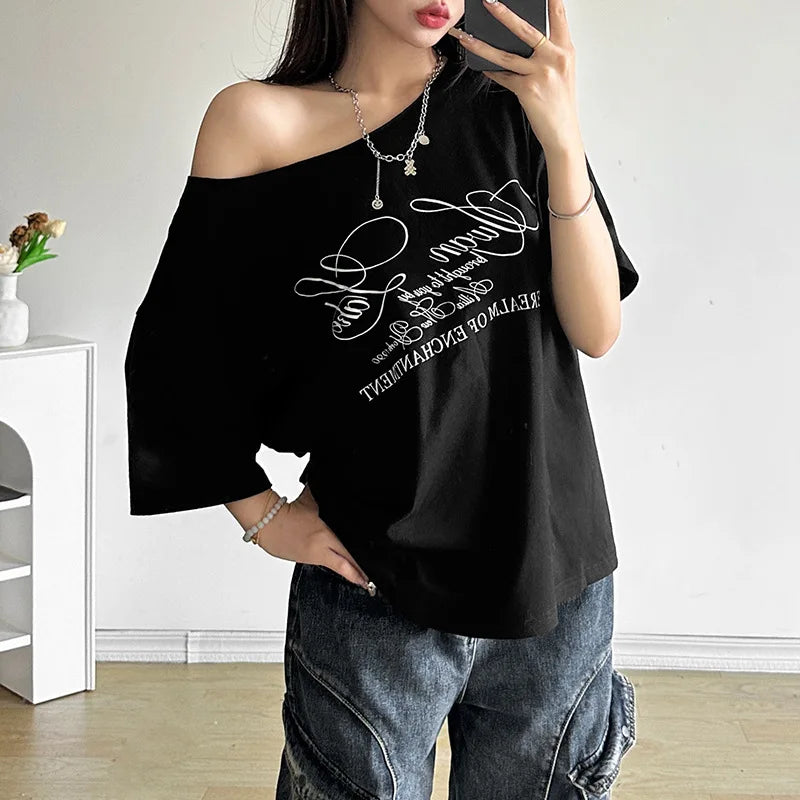 REALMEFIT  -  Letter Print Graphic T Shirts White Oversized One Shoulder Tops Womens Summer Fashion Clothing Trends