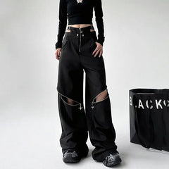 Realmefit   Oversize Cargo Pants Women Japanese Y2k Hollow Out Waist Zipper Black Trousers Gothic Harajuku Wide Leg Pants Streetwear