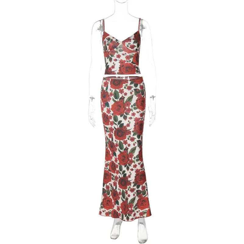 REALMEFIT  -  Floral Print Vacation Dresses Two Piece Set Crop Top and Long Skirt Elegant Sexy Summer 2024 Women Outfits C15-CA31