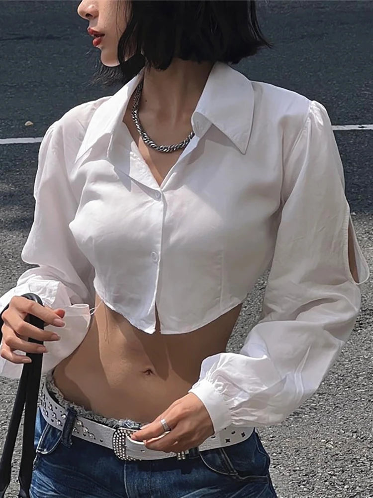 Realmefit  Harajuku White T-shirts Women Blouse Autumn Long Sleeve Hollow Out Turn-down Collar Blouse Shirt High Street Y2K Tops Tee