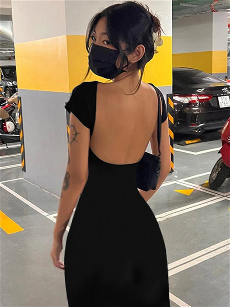 Realmefit   Hot Backless Female Black Dress Slim Summer Sleeveless Patchwork High Waist Solid Long Dress Women's Elegant Party Dress