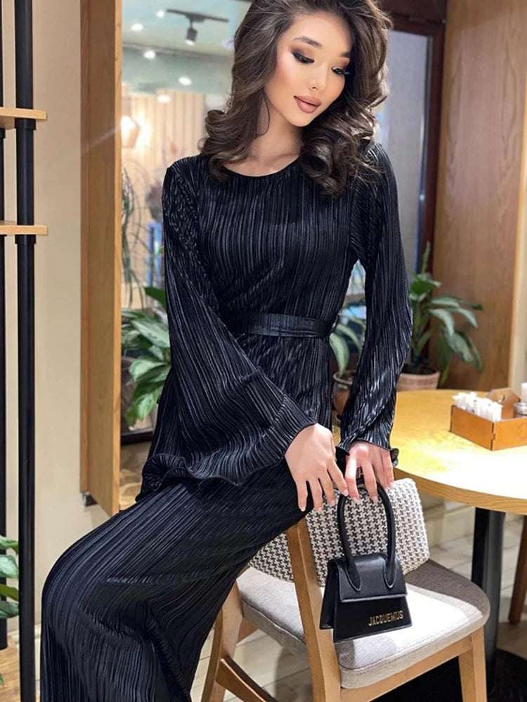 Realmefit   Ruffled Lace-Up Ribbed Maxi Dress For Women Long Sleeve Fashion High Waist Elegant Party Dress Autumn Bandage Ladies Dress