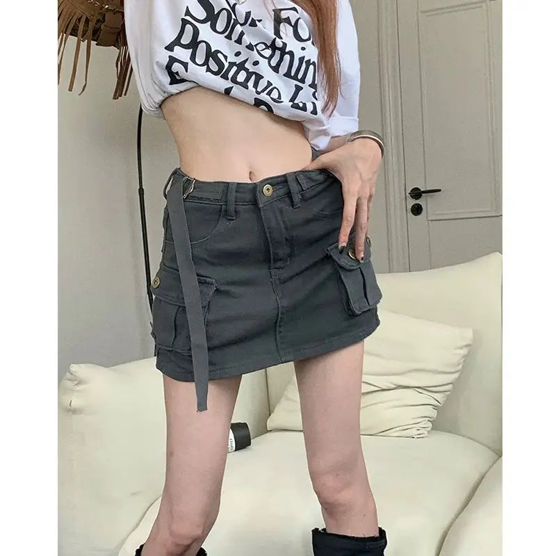 Realmefit Streetwear Cargo Mini Skirts Women Harajuku Vintage Y2k 90s Casual Hight Waist Sexy Clothes Fashion Denim Short Skirt